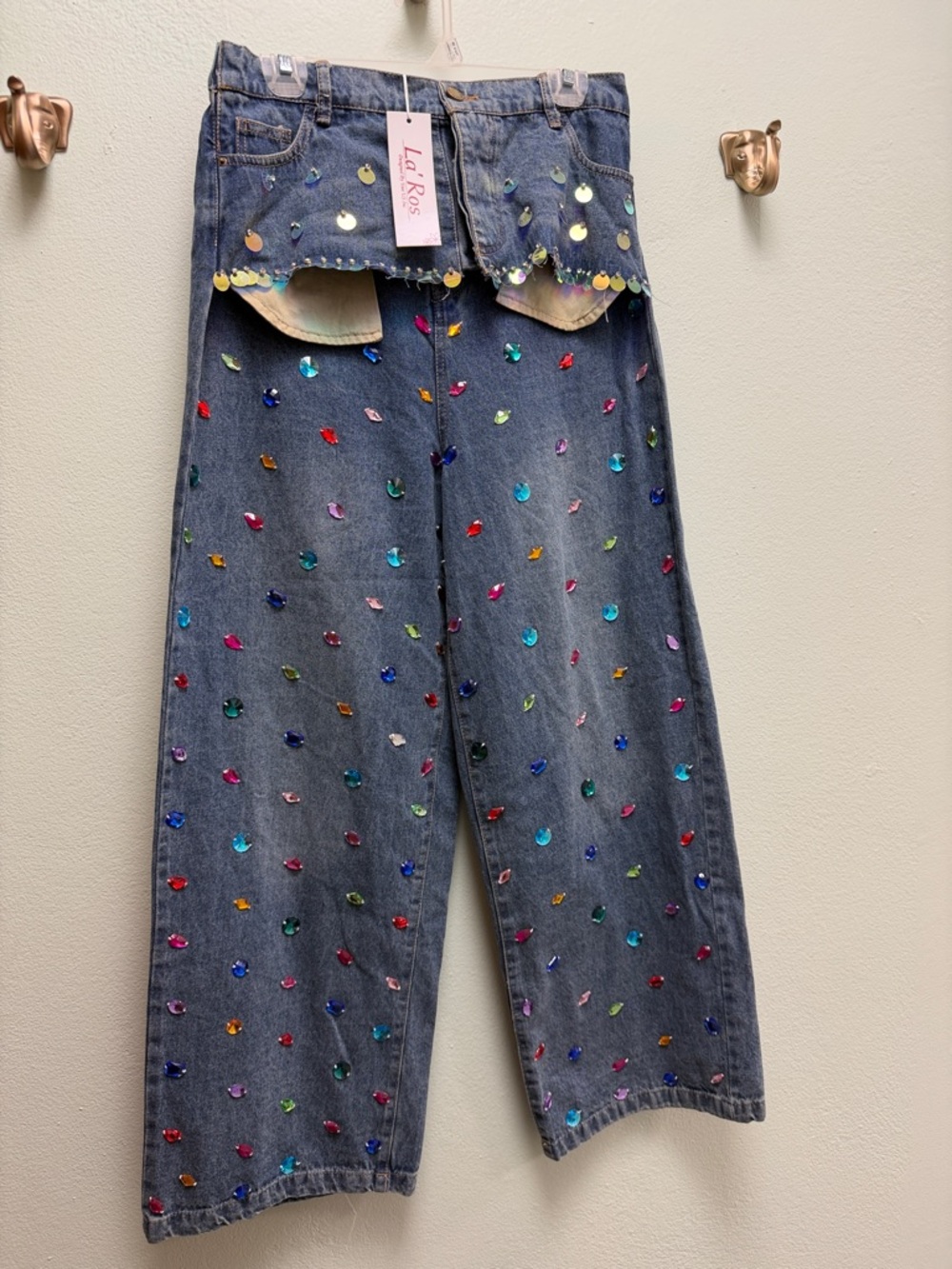 Lili Ros Blue Denim Straight-Leg Jeans with Multicolor Sequins